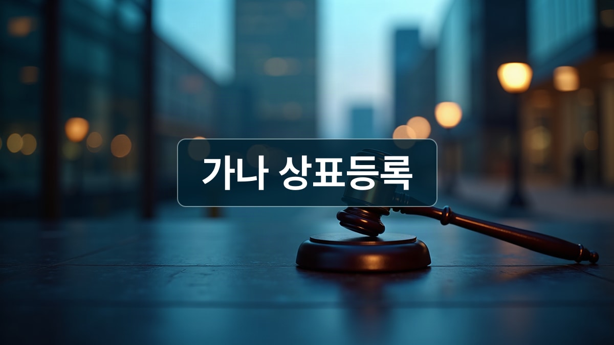 가나 아크라의 무역 중심지와 현대적 건축물이 어우러진 배경 위로 차분한 네이비 여백을 확보한 상표권 보호 콘셉트 이미지